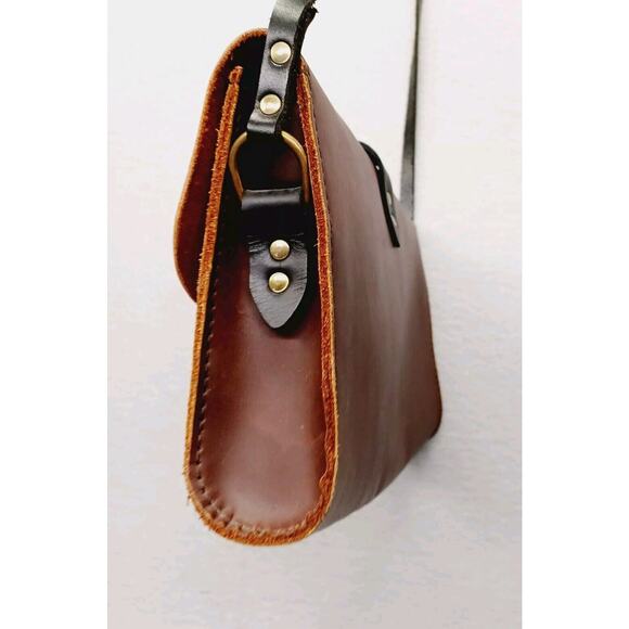 Brown Leather Box Purse Two Tone Black Strap Stiff Cowhide Crossbody Messenger - Picture 4 of 7